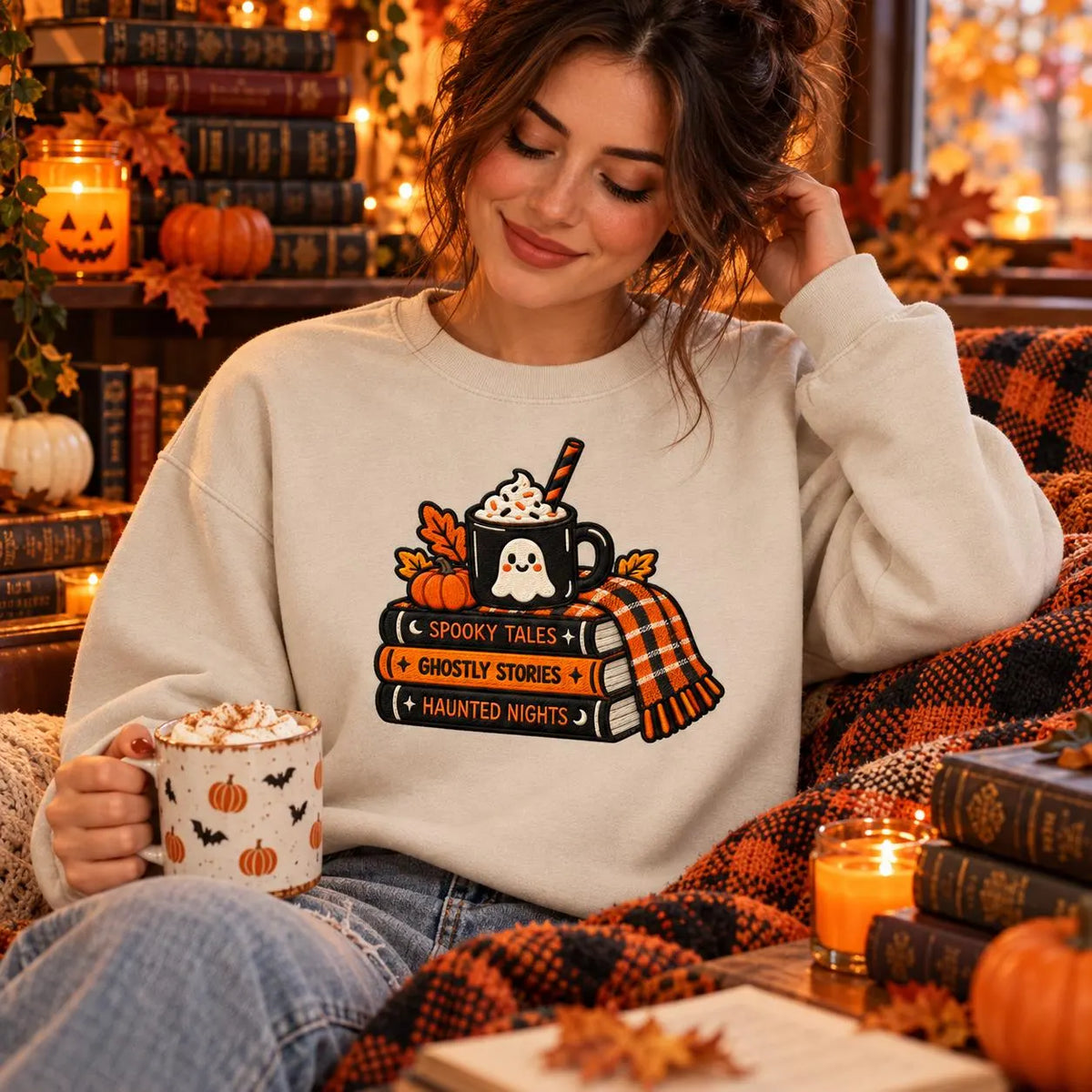 Spooky Bookish Sweatshirt Embroidered Halloween Crewneck Ghost Reading Pullover Cozy Fall Book Lover Gift
