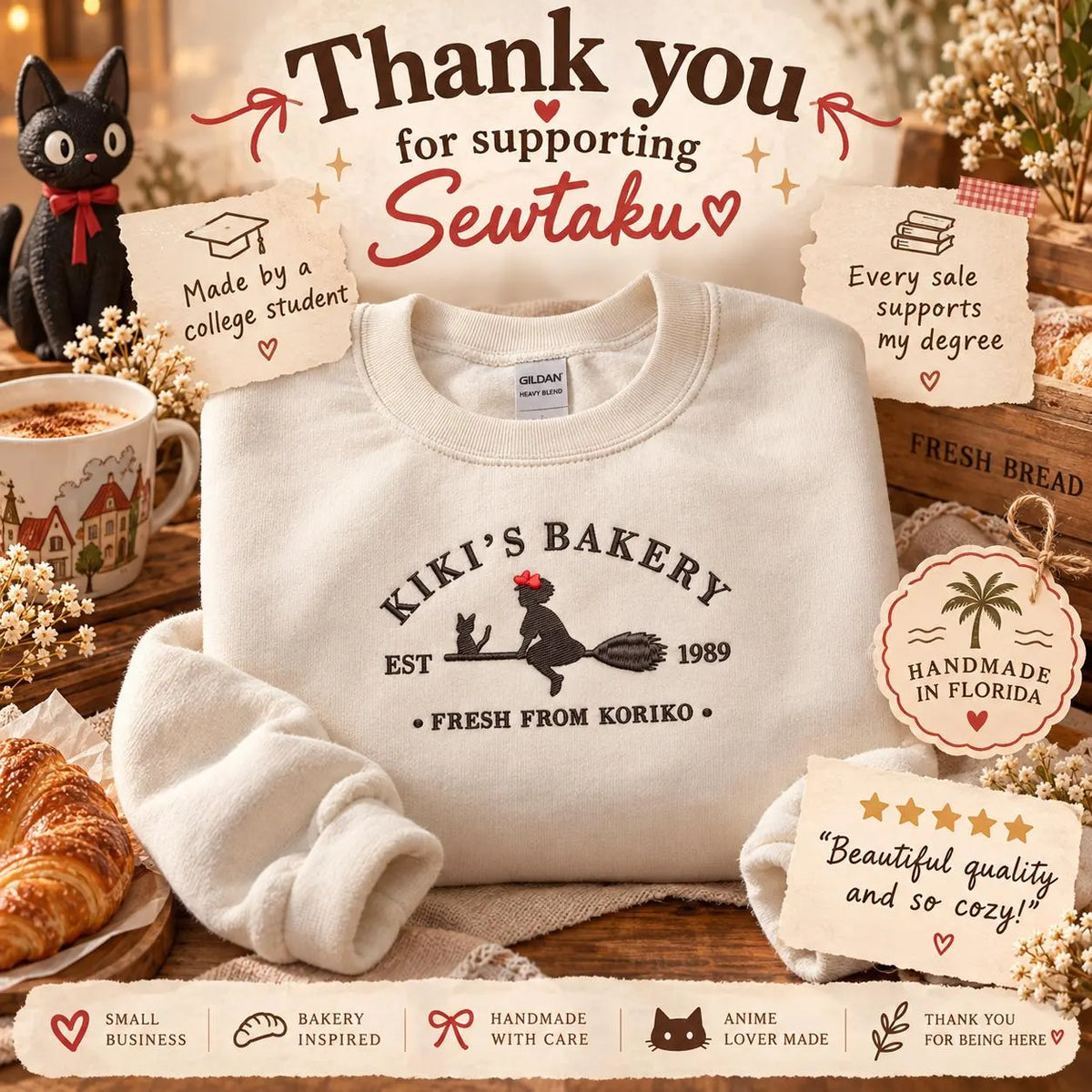 Kiki’s Delivery Service Bakery Sweatshirt Embroidered Anime Crewneck Cozy Witchy Café Pullover
