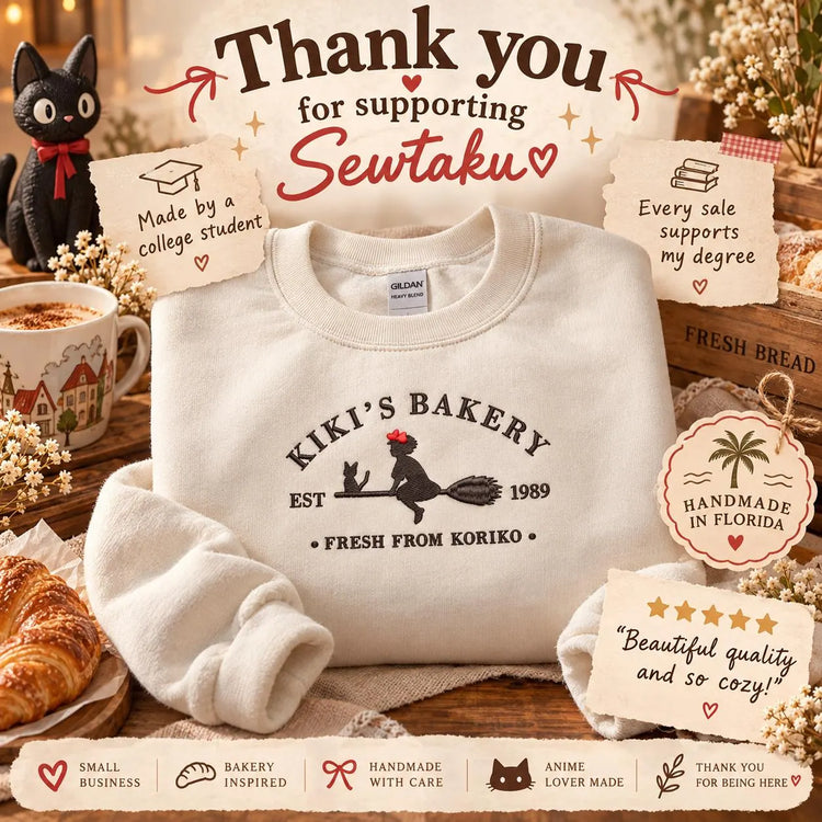 Kiki’s Delivery Service Bakery Sweatshirt Embroidered Anime Crewneck Cozy Witchy Café Pullover