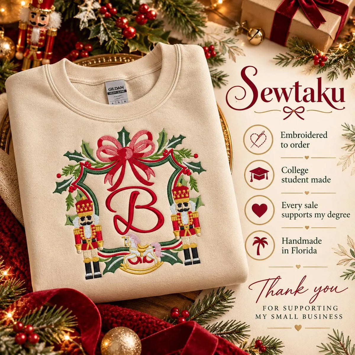 Personalized Christmas Sweatshirt Custom Initial Nutcracker Crest Monogram Holiday Crewneck