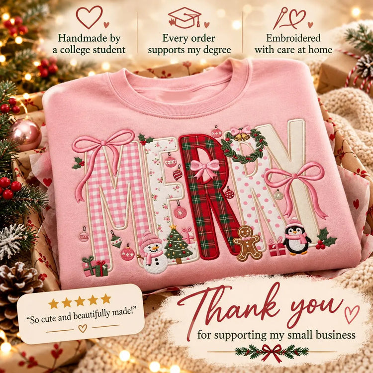 Personalized Pink Christmas Sweatshirt Merry Applique Embroidered Crewneck Girly Coquette