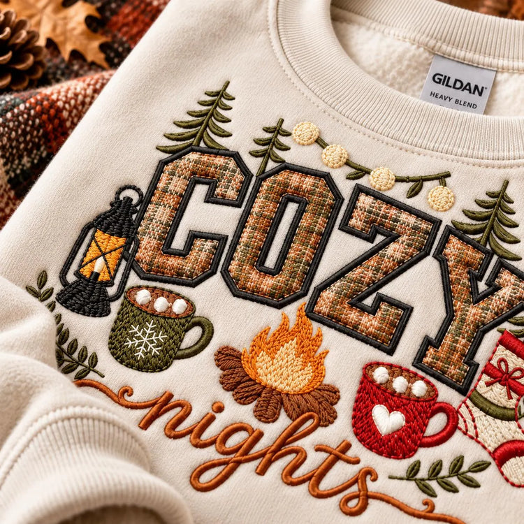 Cozy Nights Sweatshirt Embroidered Applique Campfire Crewneck Cabin Winter Pullover