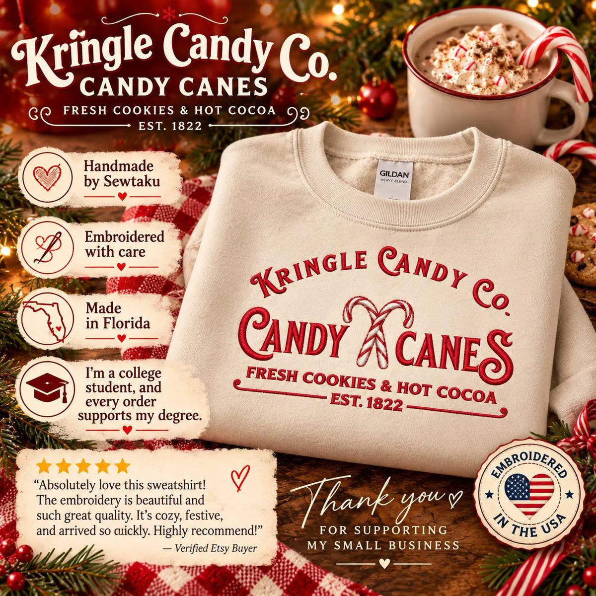 Candy Cane Christmas Sweatshirt Embroidered Holiday Crewneck Kringle Candy Shop Pullover