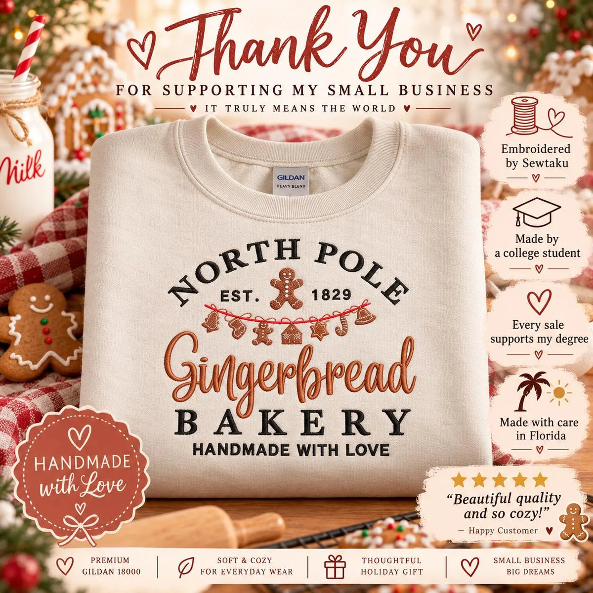 Gingerbread Christmas Sweatshirt North Pole Bakery Crewneck Embroidered Holiday Pullover