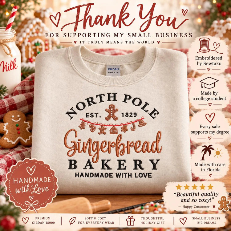 Gingerbread Christmas Sweatshirt North Pole Bakery Crewneck Embroidered Holiday Pullover