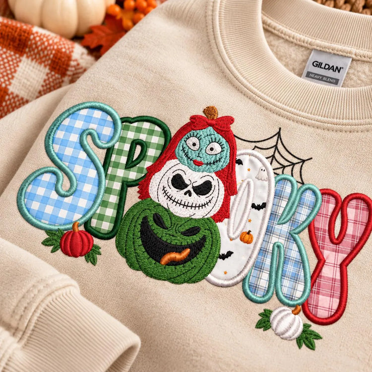 Nightmare Before Christmas inspired Halloween Appliqué Sweatshirt Spooky Embroidered Crewneck Gingham Patchwork Fall