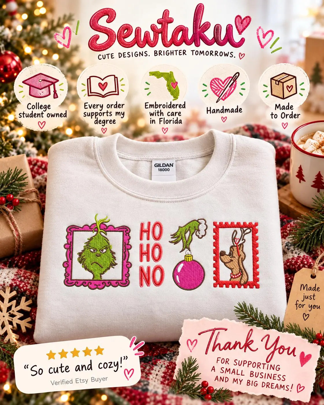 Grinch Christmas Sweatshirt Embroidered Ho Ho No Crewneck Funny Holiday Pullover