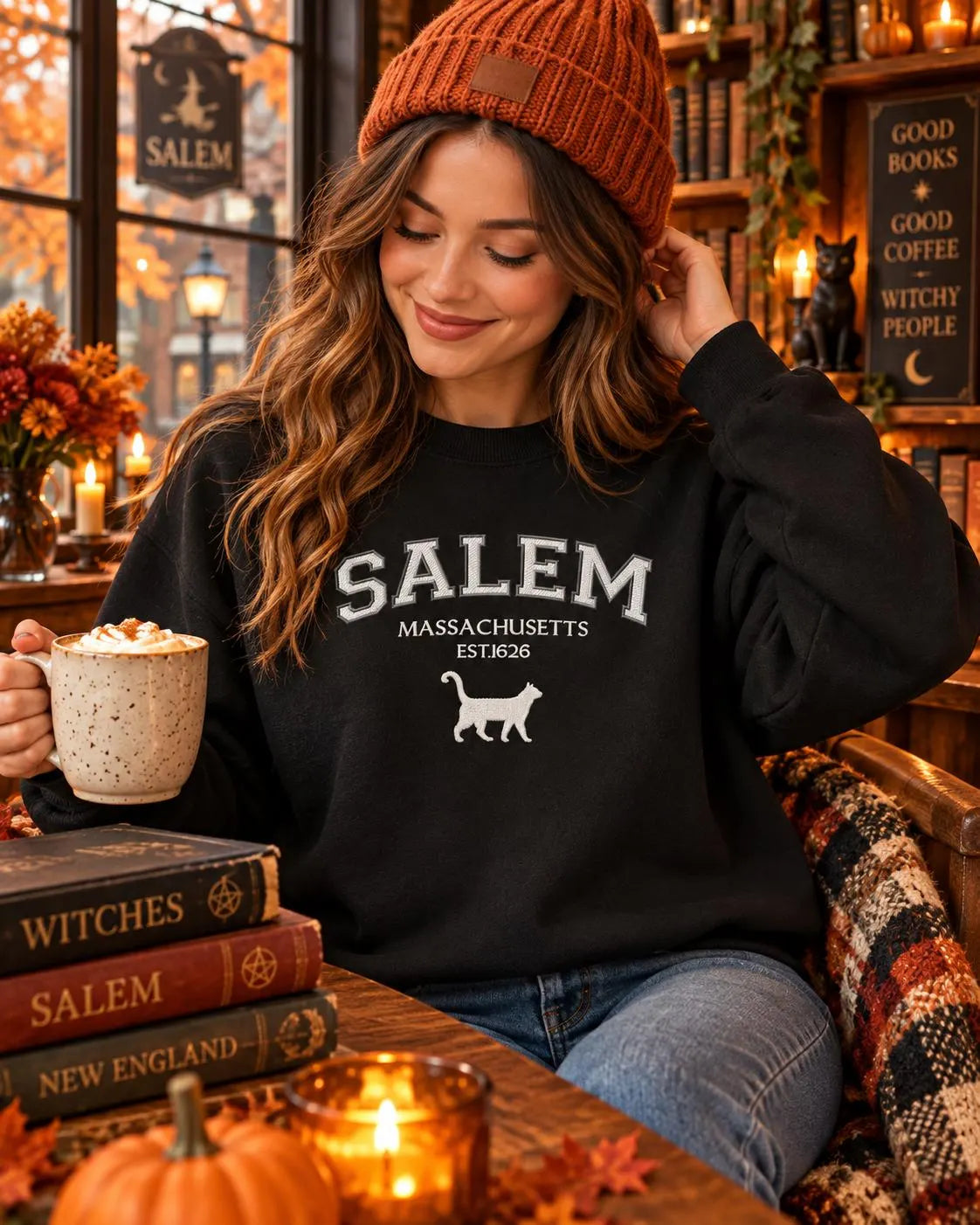 Salem Massachusetts Sweatshirt Embroidered Black Cat Crewneck Witchy New England Fall Pullover