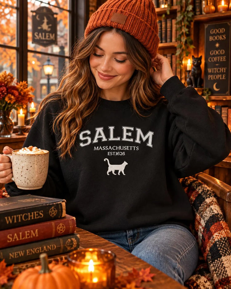 Salem Massachusetts Sweatshirt Embroidered Black Cat Crewneck Witchy New England Fall Pullover