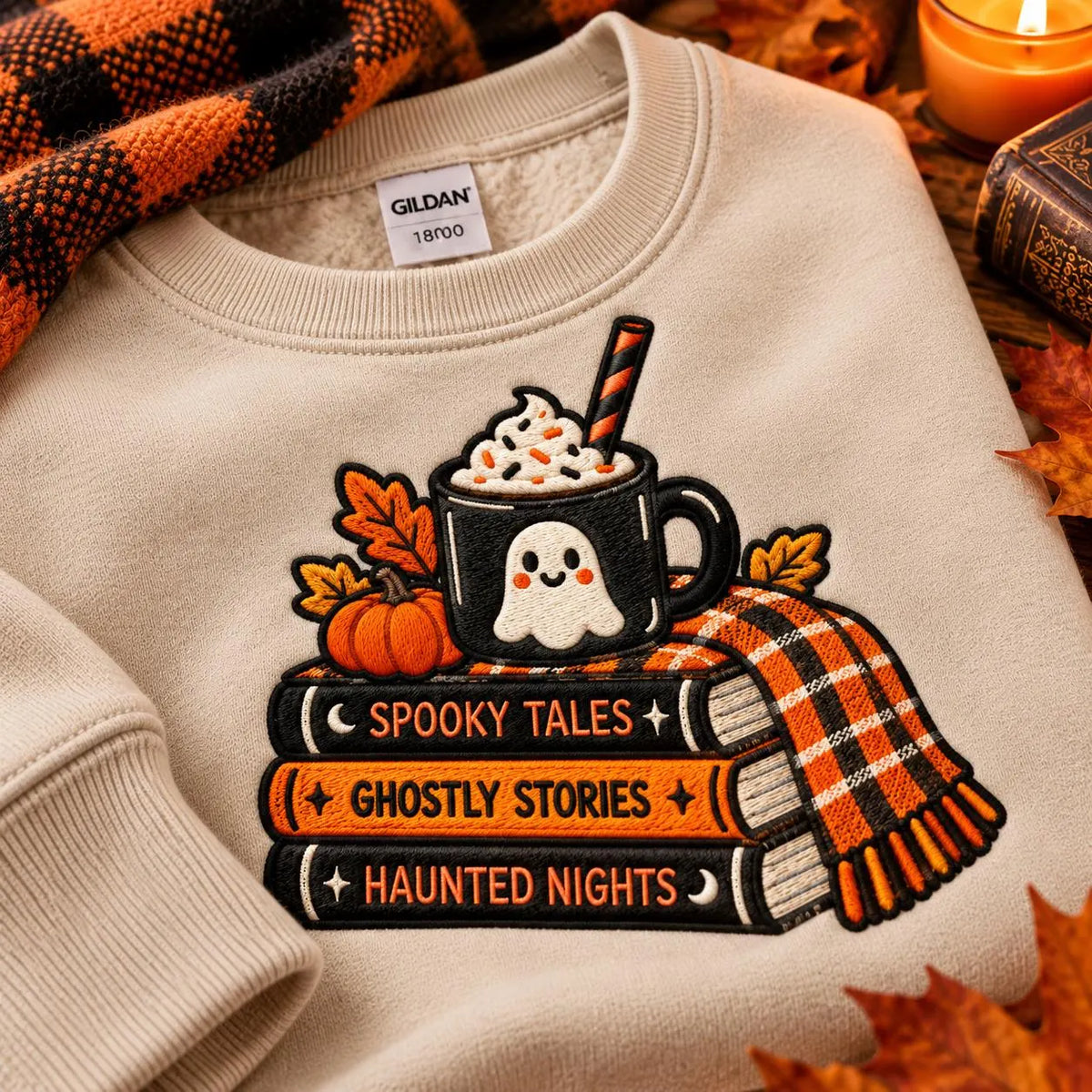 Spooky Bookish Sweatshirt Embroidered Halloween Crewneck Ghost Reading Pullover Cozy Fall Book Lover Gift