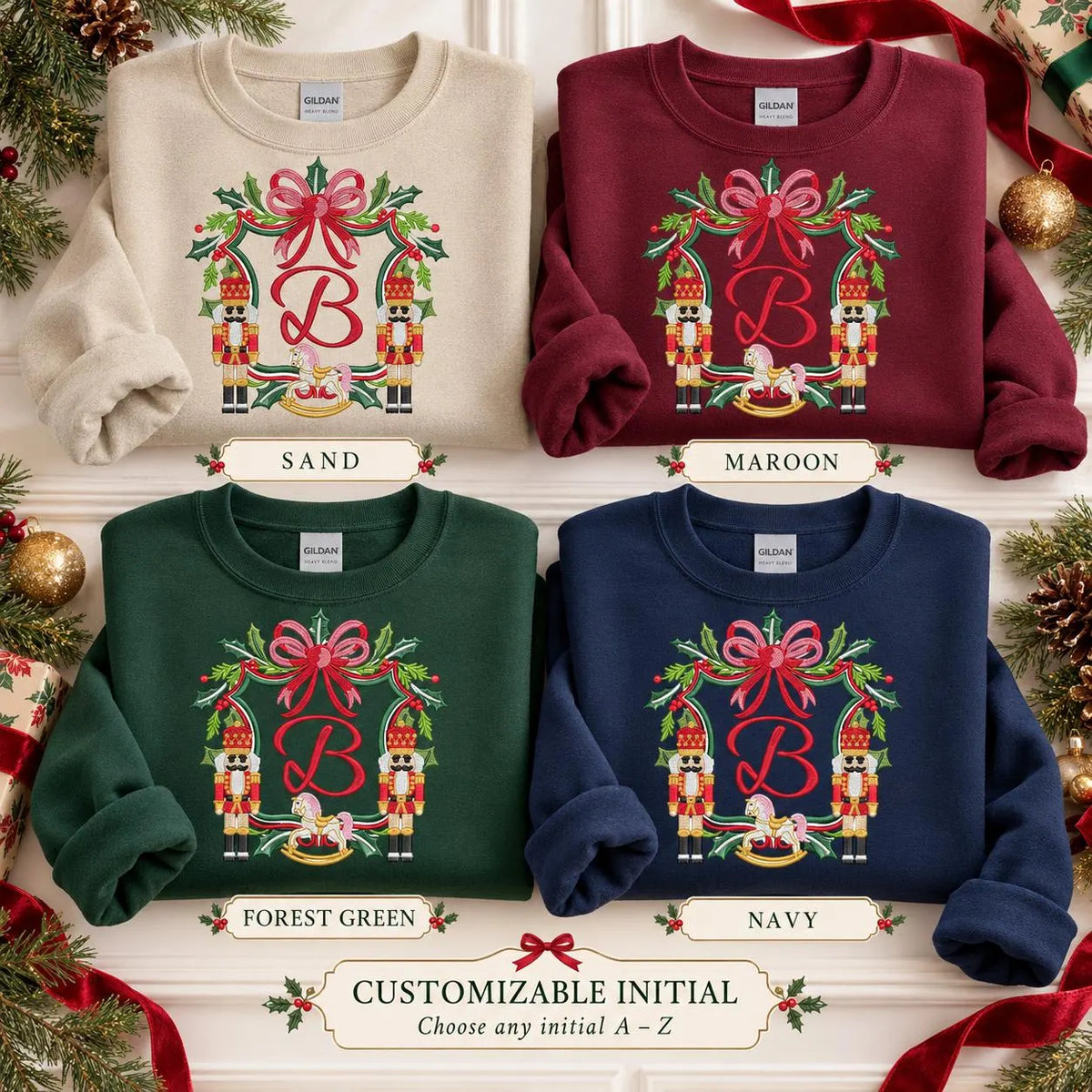 Personalized Christmas Sweatshirt Custom Initial Nutcracker Crest Monogram Holiday Crewneck