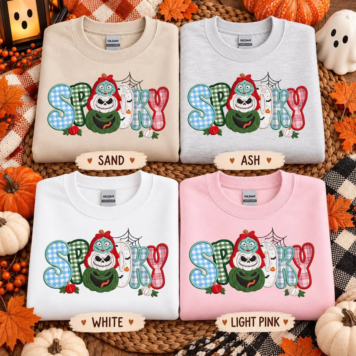 Nightmare Before Christmas inspired Halloween Appliqué Sweatshirt Spooky Embroidered Crewneck Gingham Patchwork Fall