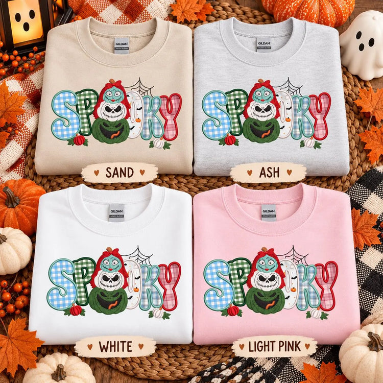 Nightmare Before Christmas inspired Halloween Appliqué Sweatshirt Spooky Embroidered Crewneck Gingham Patchwork Fall