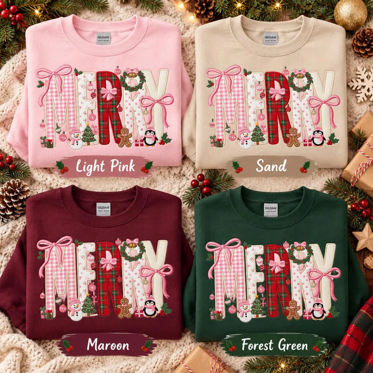 Personalized Pink Christmas Sweatshirt Merry Applique Embroidered Crewneck Girly Coquette