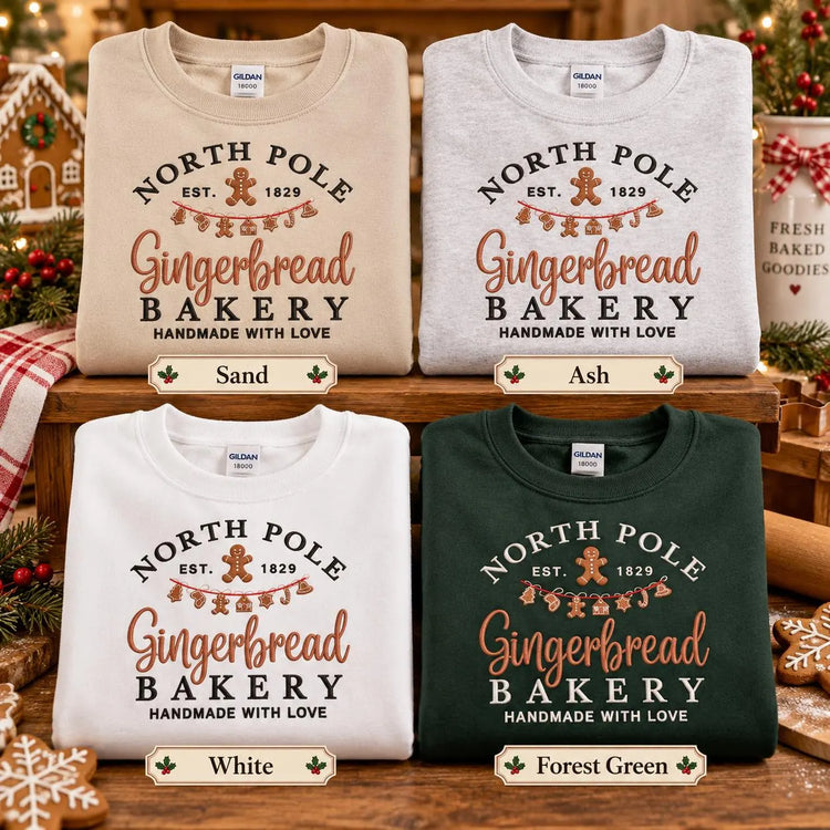 Gingerbread Christmas Sweatshirt North Pole Bakery Crewneck Embroidered Holiday Pullover