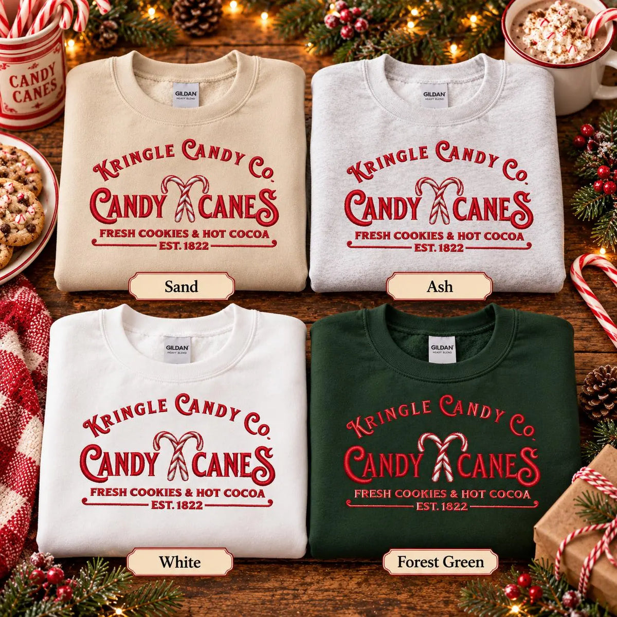 Candy Cane Christmas Sweatshirt Embroidered Holiday Crewneck Kringle Candy Shop Pullover