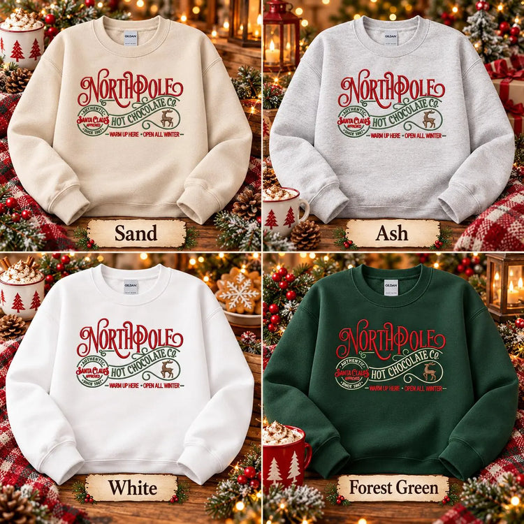 Christmas Hot Chocolate Sweatshirt Embroidered North Pole Crewneck Cozy Holiday Pullover