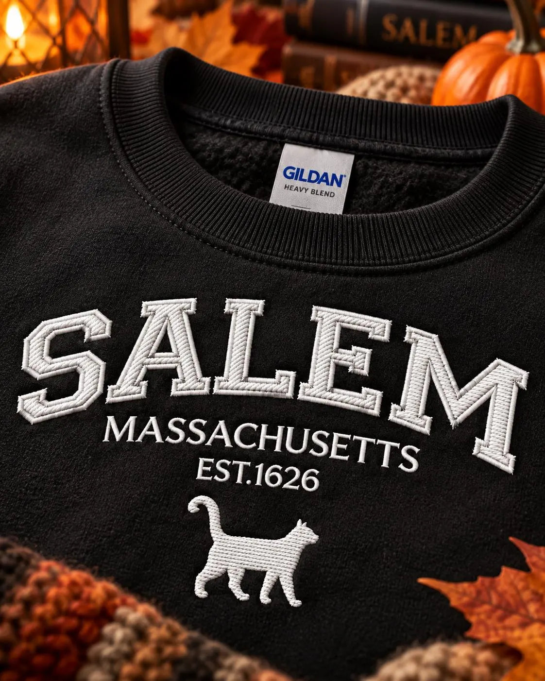 Salem Massachusetts Sweatshirt Embroidered Black Cat Crewneck Witchy New England Fall Pullover