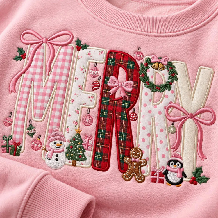 Personalized Pink Christmas Sweatshirt Merry Applique Embroidered Crewneck Girly Coquette