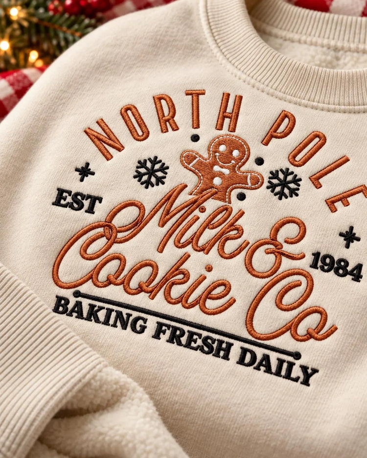 Embroidered North Pole Bakery Sweatshirt: Gingerbread, Snowflakes