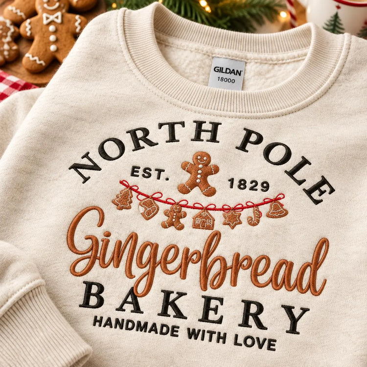 Gingerbread Christmas Sweatshirt North Pole Bakery Crewneck Embroidered Holiday Pullover