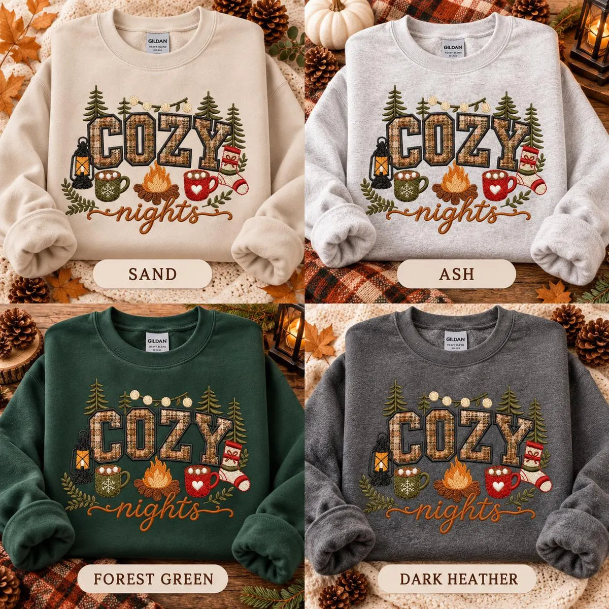 Cozy Nights Sweatshirt Embroidered Applique Campfire Crewneck Cabin Winter Pullover