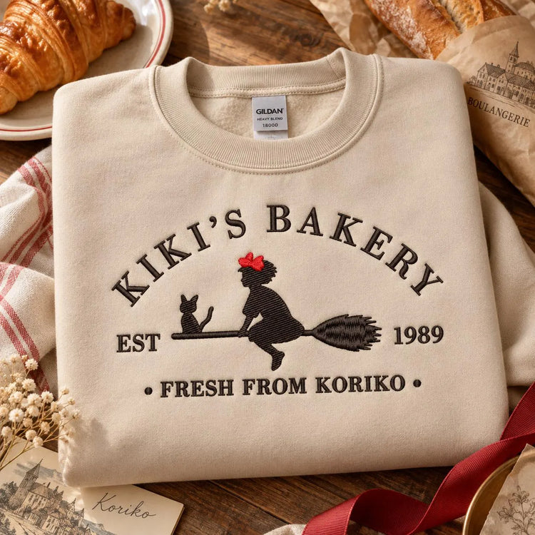 Kiki’s Delivery Service Bakery Sweatshirt Embroidered Anime Crewneck Cozy Witchy Café Pullover