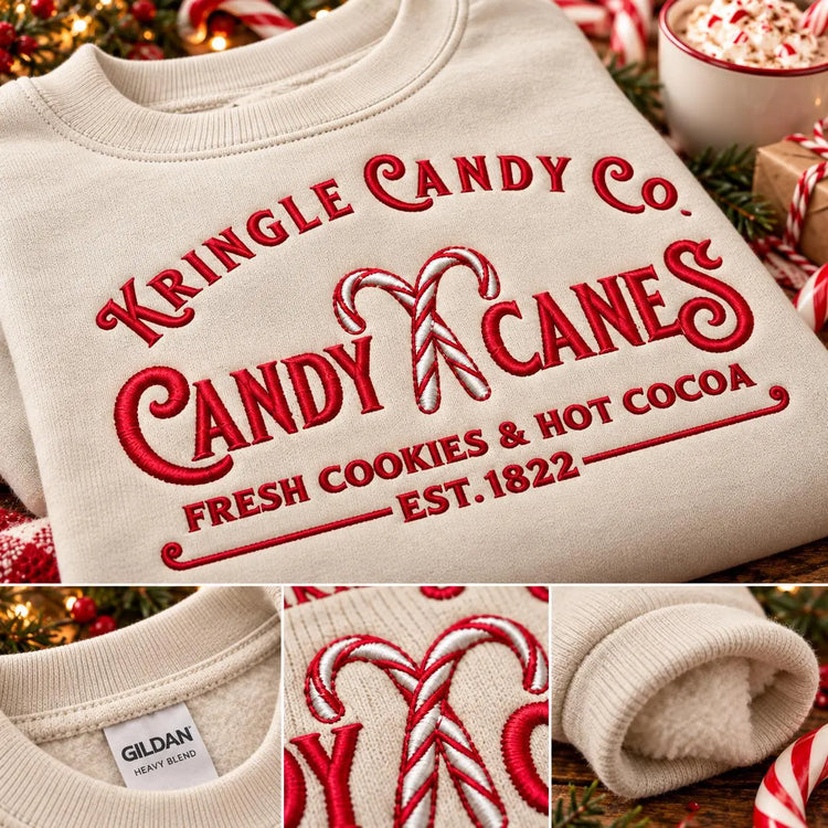 Candy Cane Christmas Sweatshirt Embroidered Holiday Crewneck Kringle Candy Shop Pullover
