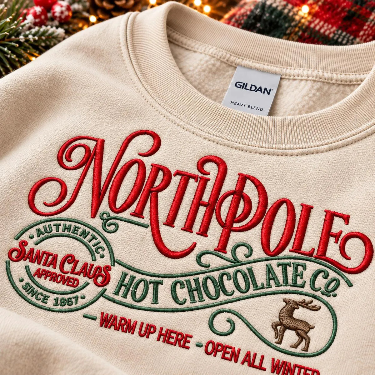 Christmas Hot Chocolate Sweatshirt Embroidered North Pole Crewneck Cozy Holiday Pullover