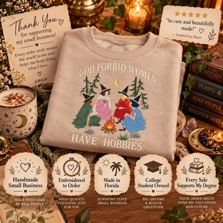 Witchy Sweatshirt for Women God Forbid Women Have Hobbies Crewneck Funny Feminist Cozy Embroidered