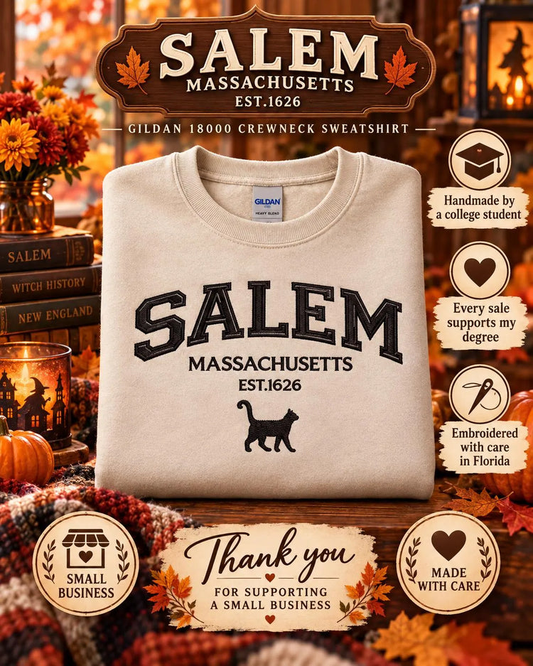 Salem Massachusetts Sweatshirt Embroidered Black Cat Crewneck Witchy New England Fall Pullover