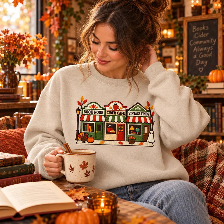 Bookish Fall Sweatshirt Embroidered Autumn Bookstore Crewneck Cozy Reader Gift