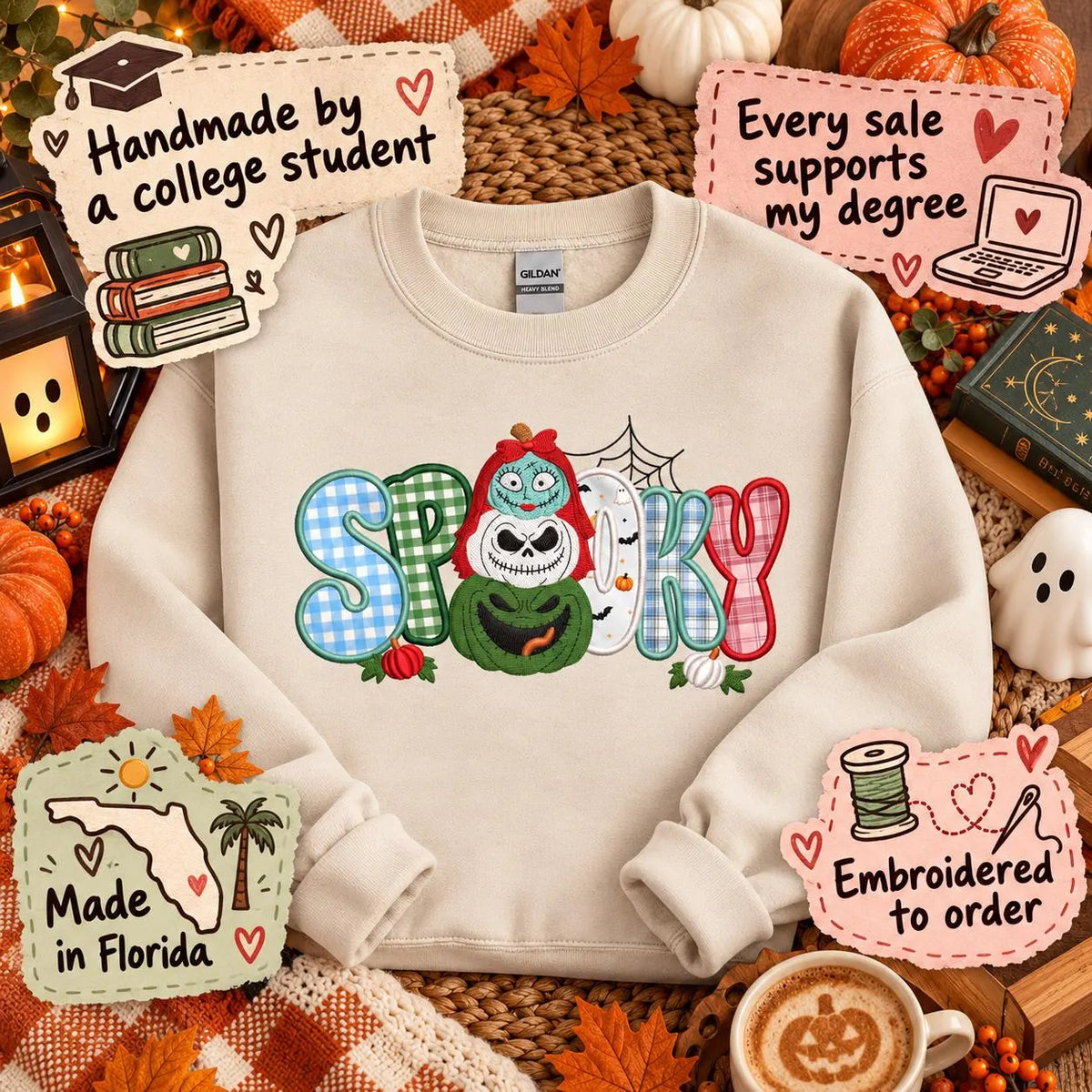Nightmare Before Christmas inspired Halloween Appliqué Sweatshirt Spooky Embroidered Crewneck Gingham Patchwork Fall