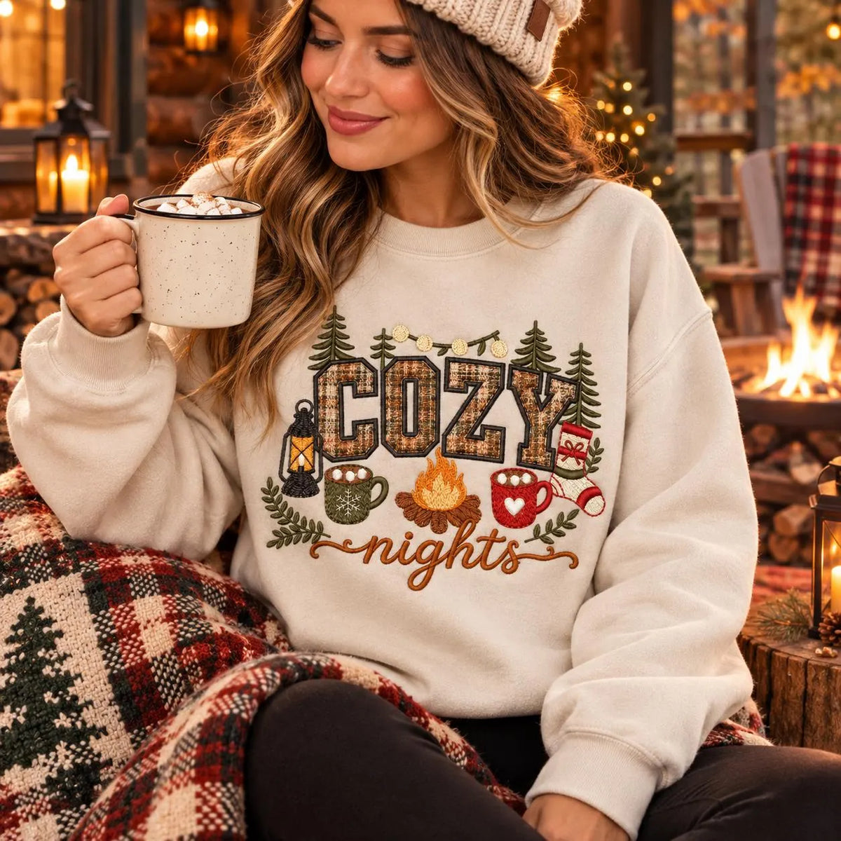 Cozy Nights Sweatshirt Embroidered Applique Campfire Crewneck Cabin Winter Pullover