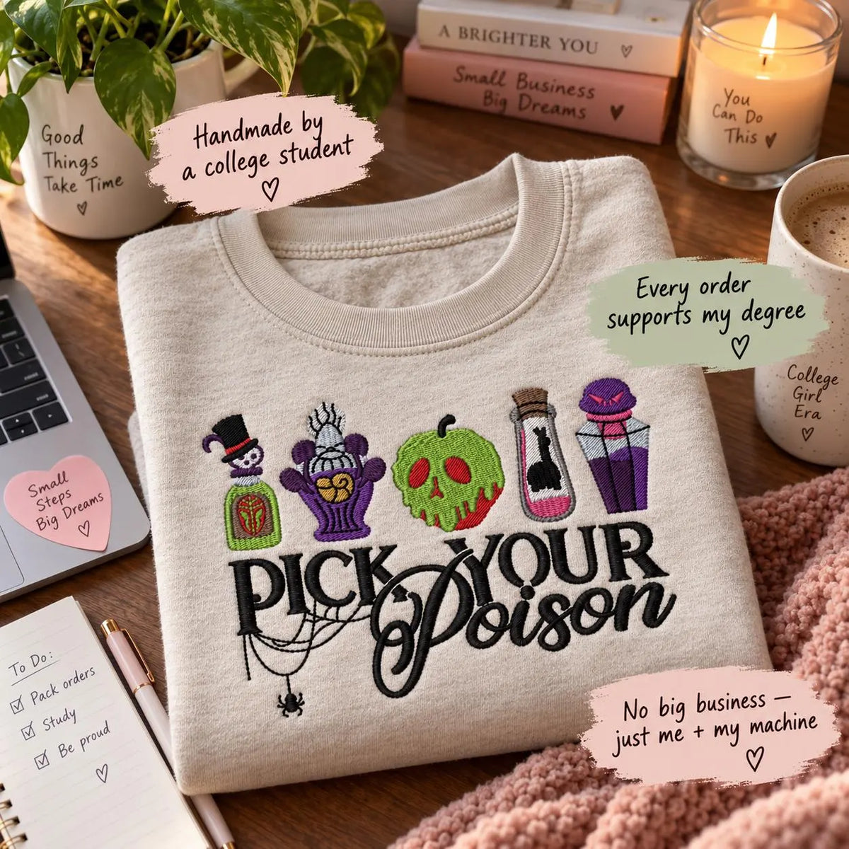 Pick Your Poison Embroidered Sweatshirt Spooky Halloween Crewneck Witchy Potion Villain Gift