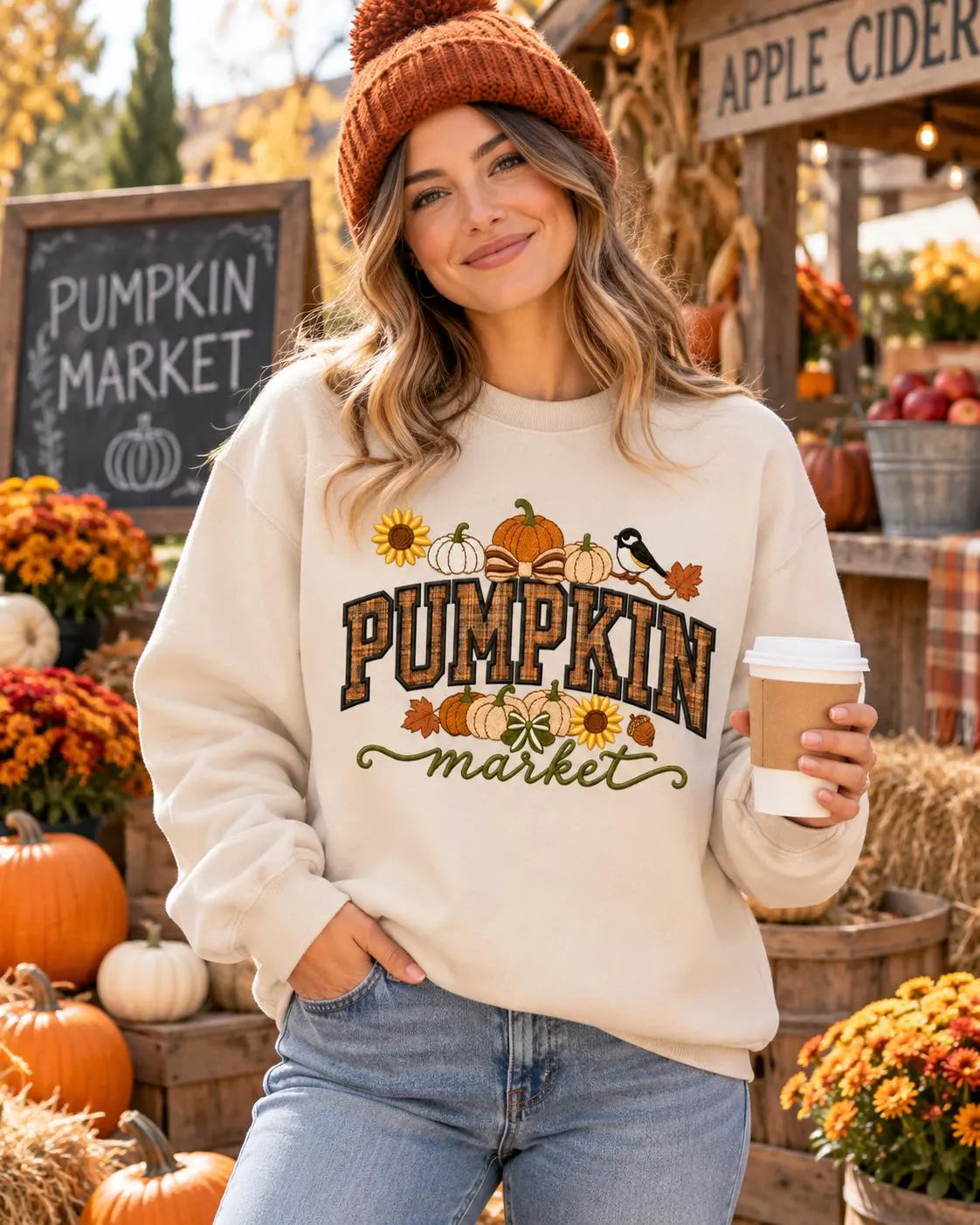 Pumpkin Market Sweatshirt Appliqué Fall Crewneck Cozy Autumn Pullover