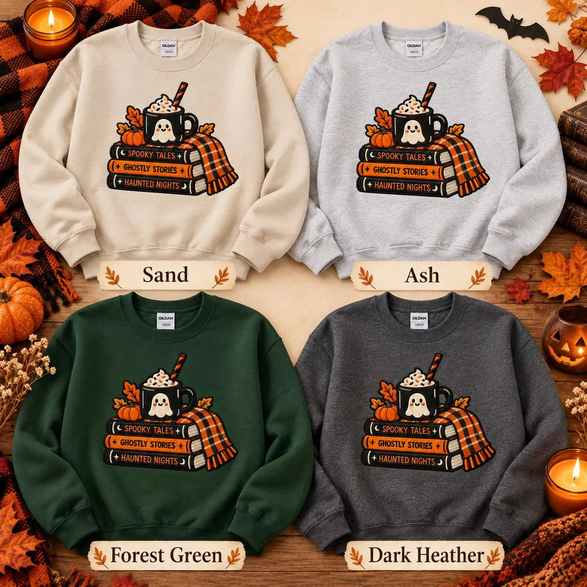 Spooky Bookish Sweatshirt Embroidered Halloween Crewneck Ghost Reading Pullover Cozy Fall Book Lover Gift