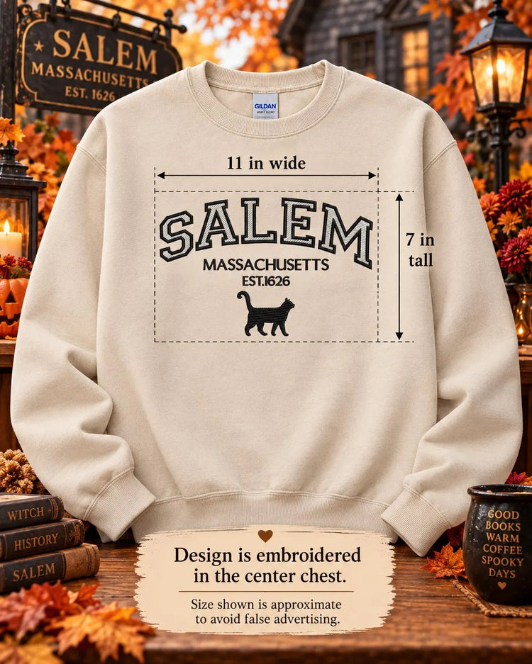 Salem Massachusetts Sweatshirt Embroidered Black Cat Crewneck Witchy New England Fall Pullover