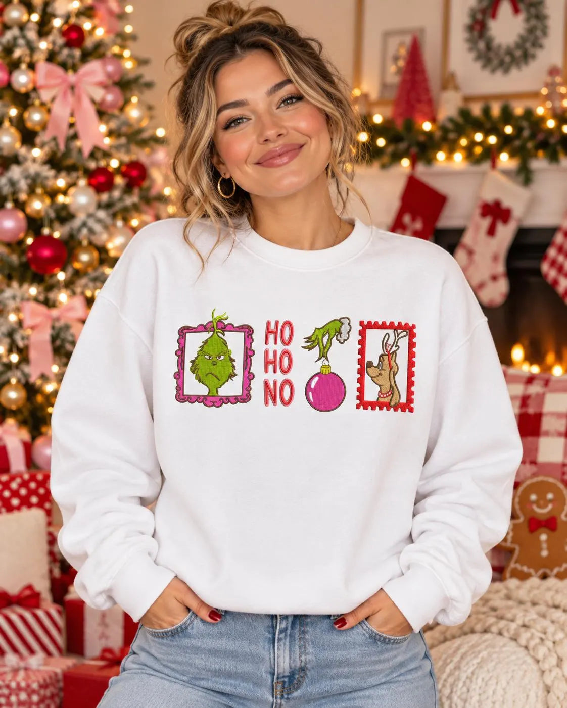 Grinch Christmas Sweatshirt Embroidered Ho Ho No Crewneck Funny Holiday Pullover