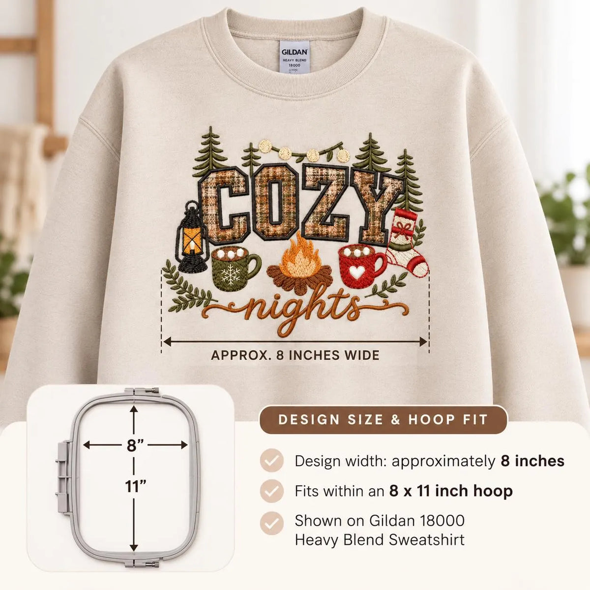 Cozy Nights Sweatshirt Embroidered Applique Campfire Crewneck Cabin Winter Pullover