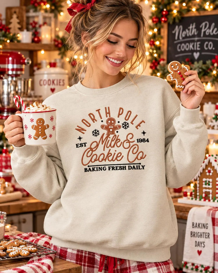 Embroidered North Pole Bakery Sweatshirt: Gingerbread, Snowflakes