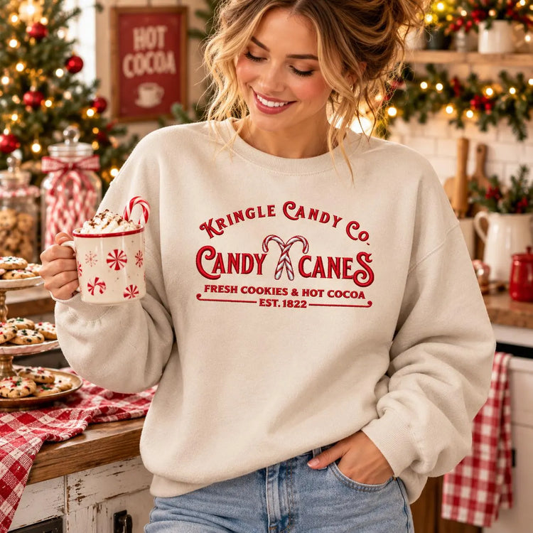 Candy Cane Christmas Sweatshirt Embroidered Holiday Crewneck Kringle Candy Shop Pullover