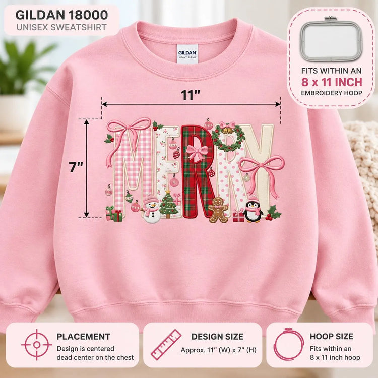 Personalized Pink Christmas Sweatshirt Merry Applique Embroidered Crewneck Girly Coquette