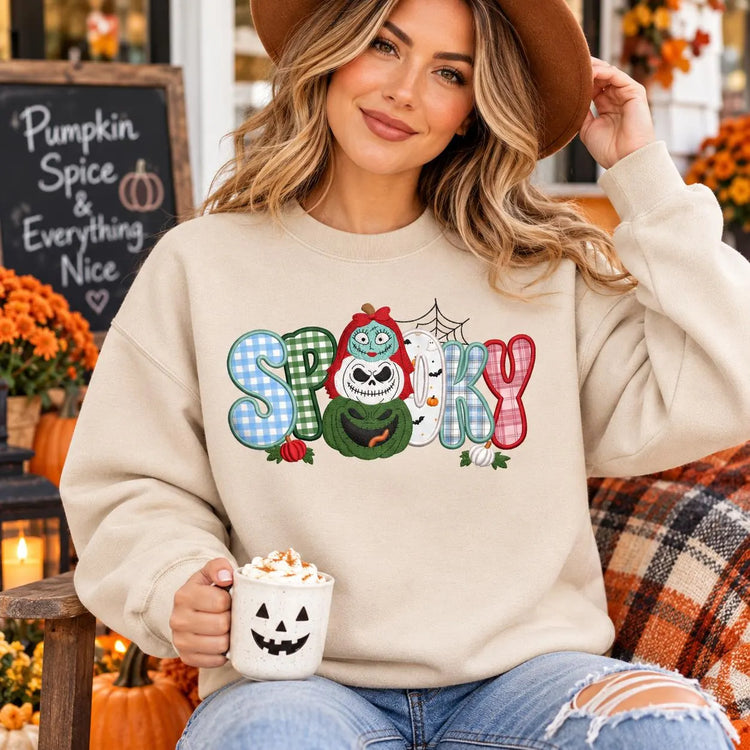 Nightmare Before Christmas inspired Halloween Appliqué Sweatshirt Spooky Embroidered Crewneck Gingham Patchwork Fall