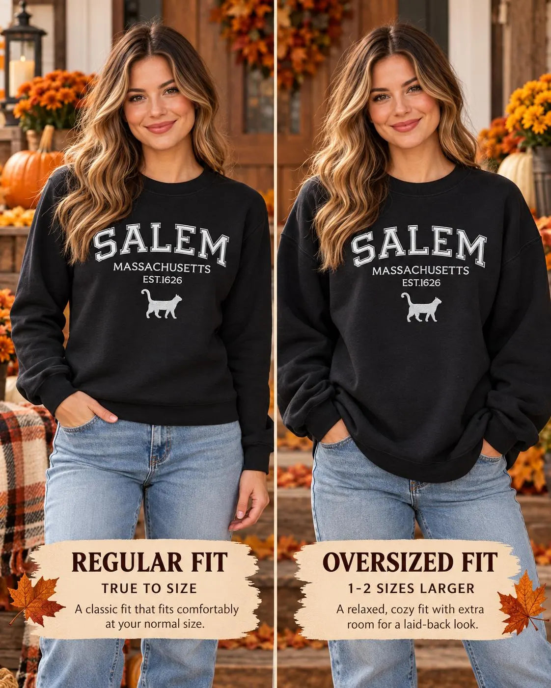 Salem Massachusetts Sweatshirt Embroidered Black Cat Crewneck Witchy New England Fall Pullover