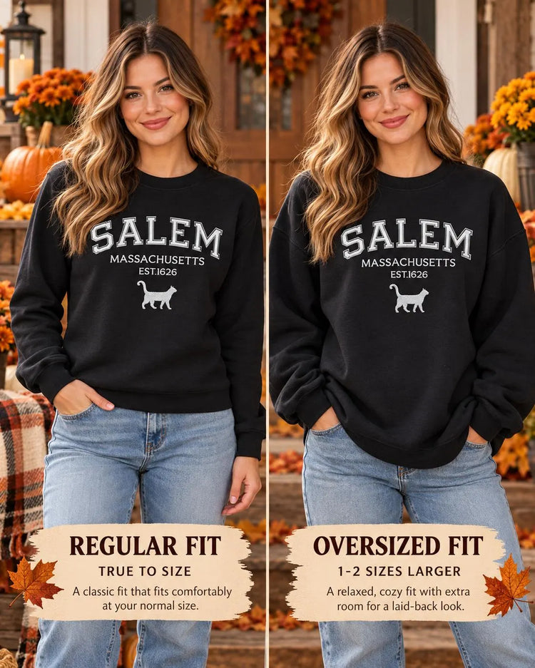 Salem Massachusetts Sweatshirt Embroidered Black Cat Crewneck Witchy New England Fall Pullover
