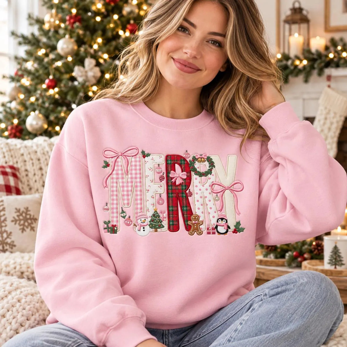 Personalized Pink Christmas Sweatshirt Merry Applique Embroidered Crewneck Girly Coquette