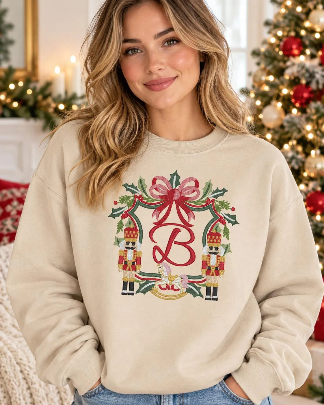 Personalized Christmas Sweatshirt Custom Initial Nutcracker Crest Monogram Holiday Crewneck