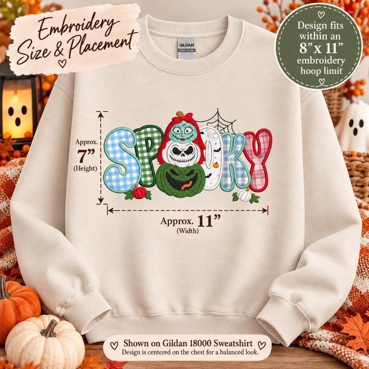 Nightmare Before Christmas inspired Halloween Appliqué Sweatshirt Spooky Embroidered Crewneck Gingham Patchwork Fall