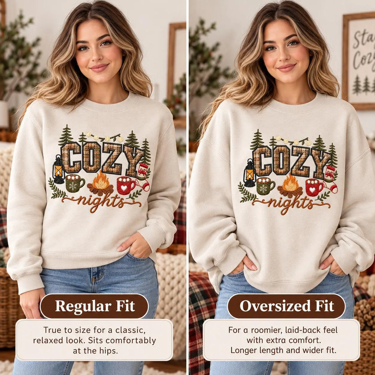 Cozy Nights Sweatshirt Embroidered Applique Campfire Crewneck Cabin Winter Pullover